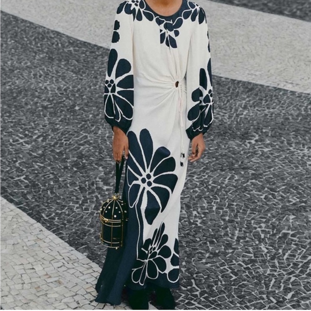 FARM Rio White Maxi Dress with Black Floral Print